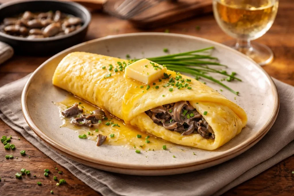 Alpine Omelette Baveuse with Wild Grey Chives and Fungi