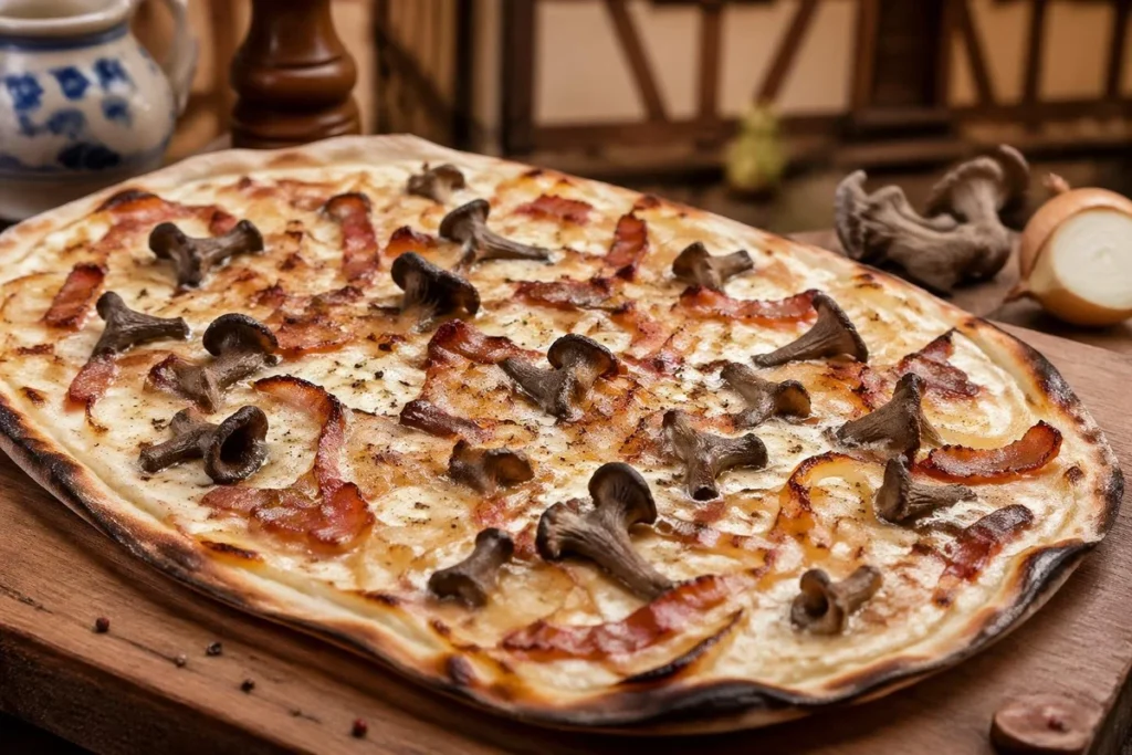 Alsatian Tarte Flambée with Smoked Bacon and Grey Chanterelles