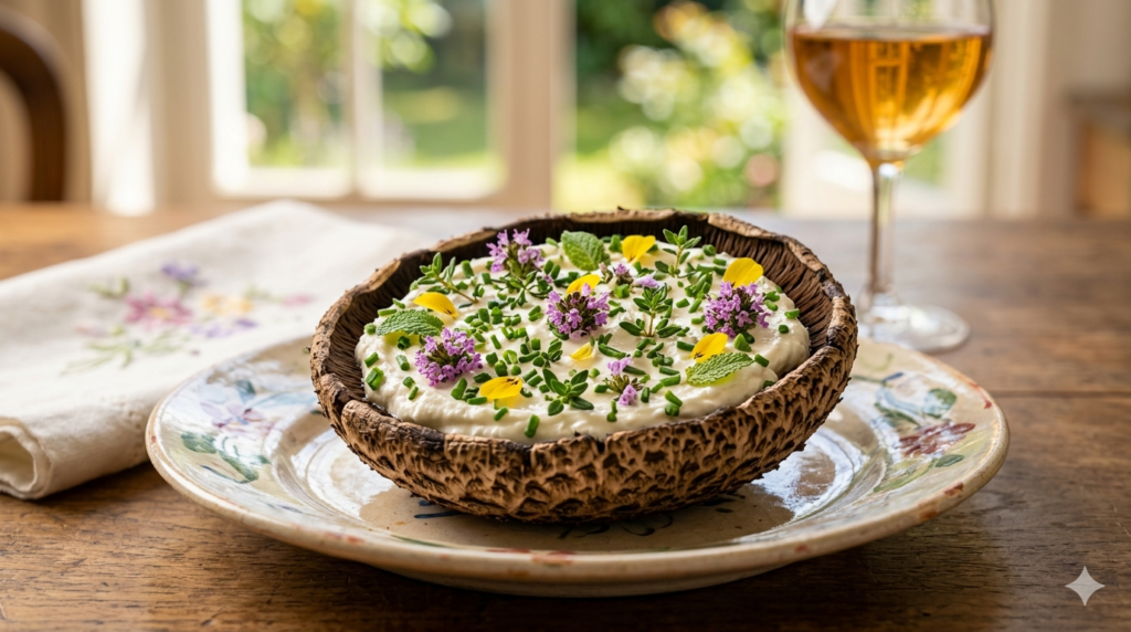 Master the art of the perfect Stuffed Parasol Mushroom. A gourmet, vegetarian recipe inspired by Claude Monet, featuring baked Parasol caps filled with creamy goat cheese and vibrant fresh spring herbs.