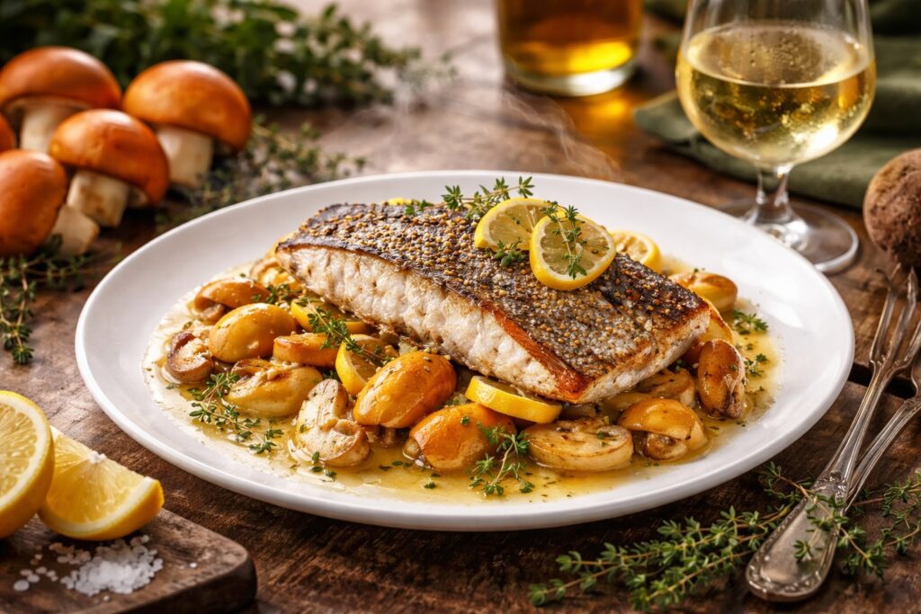 Baked Sea Bass with Caesar’s Mushrooms and White Wine - Coastal Forest Fusion