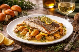 Baked Sea Bass with Caesar’s Mushrooms and White Wine - Coastal Forest Fusion