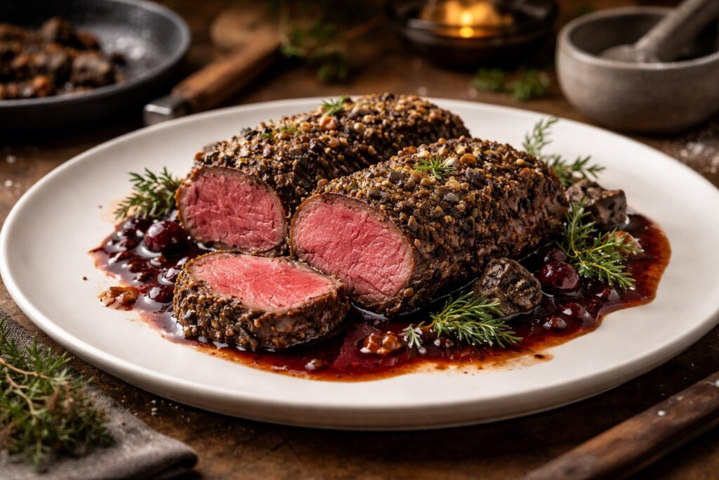 Black Forest Venison Medallions with Gray Chanterelle Crust