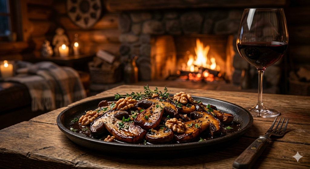 Bold Forest Meze: Glazed Porcini with Walnuts & Red Wine Reduction