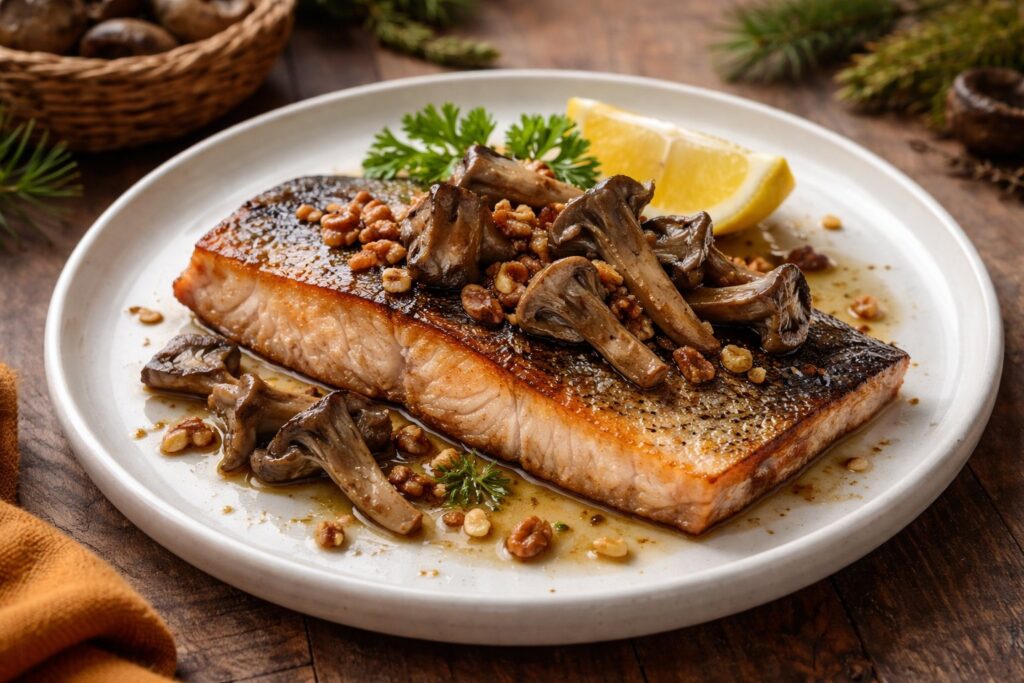Bulgarian Gray Chanterelle & Pan-Seared Trout with Walnuts