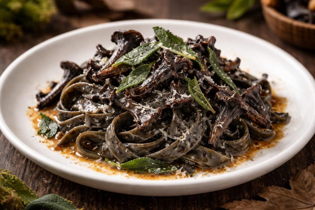 Charcoal Pasta with Black Trumpet and Sage