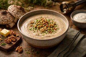 Creamy Parasol Mushroom Soup with Toasted Walnuts - Forest Velvet