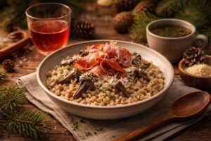 Dolomite Barley Risotto with Gray Chanterelle and Specktale