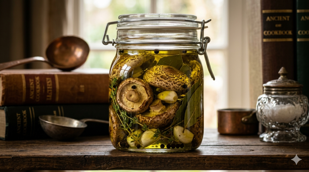 Master the ancient gourmet art of preservation. Experience our "Escoffier's Parasol Mushroom Confit," where meaty Parasol caps are slow-cooked in premium olive oil and spices, creating a delicate wild feast. Inspired by Auguste Escoffier.