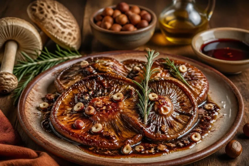 Glazed Parasol Caps with Toasted Hazelnuts