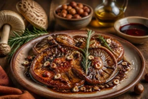 Glazed Parasol Caps with Toasted Hazelnuts