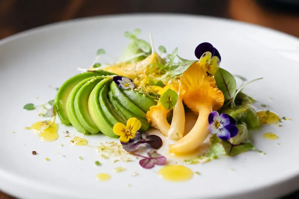 Gourmet Magic Deconstructivist Avocado and Yuzu Yellow Foot Mushroom Recipe