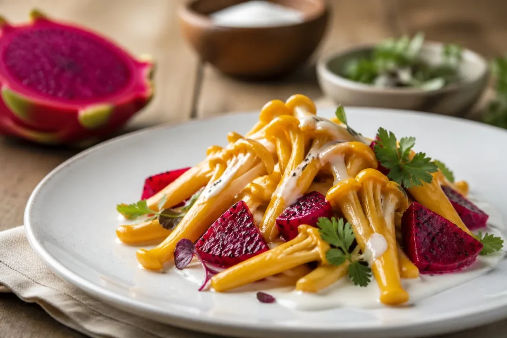 Gourmet Magic Dragonfruit and Coconut Glazed Yellow Foot Mushroom Recipe