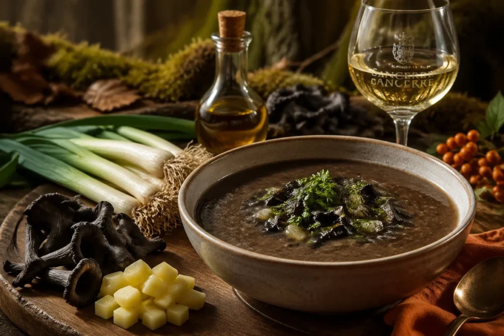 Gourmet Magic Wild Harvested Gourmet Jean-Jacques Rousseau Rustic Black Trumpet and Wild Leek Soup for Total Perfection Recipe