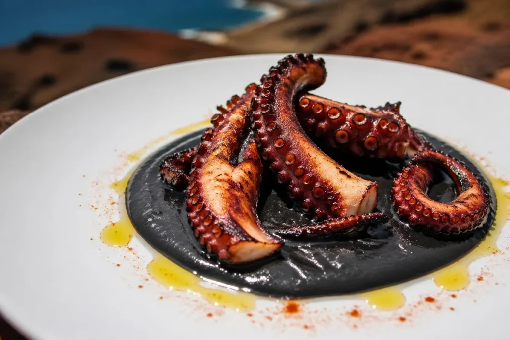 Grilled Octopus with Black Trumpet Emulsion