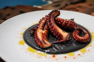 Grilled Octopus with Black Trumpet Emulsion