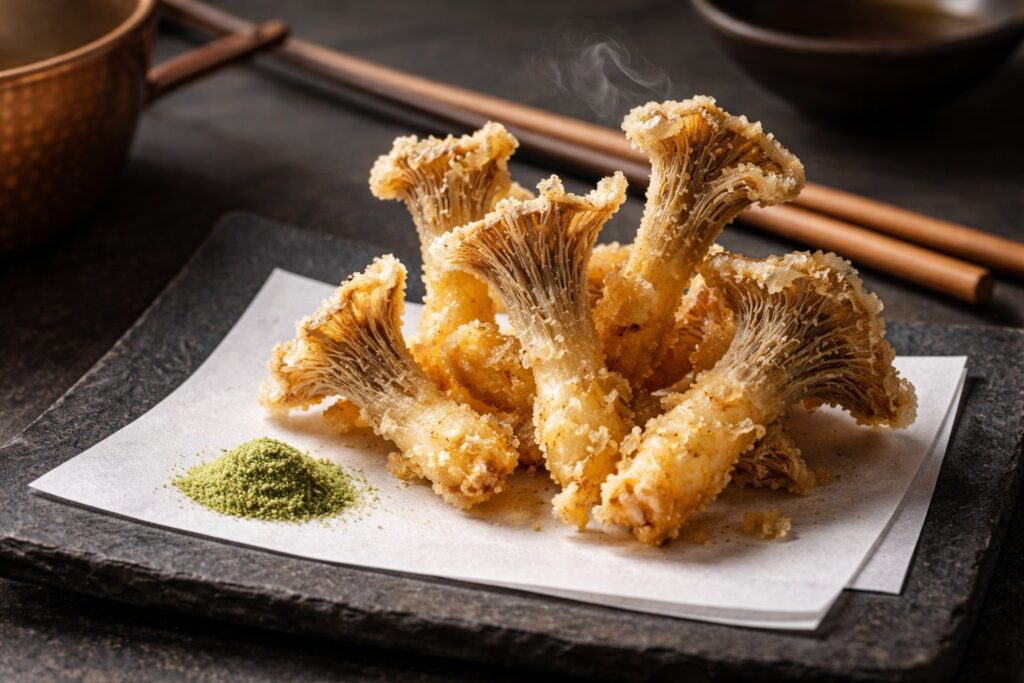 Japanese Gray Chanterelle Tempura with Matcha Sea Salt