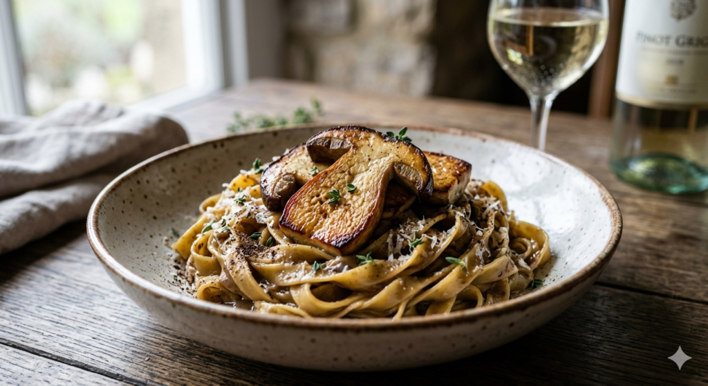 King Porcini Tagliatelle with Umami Dust & Garlic-Thyme Emulsion