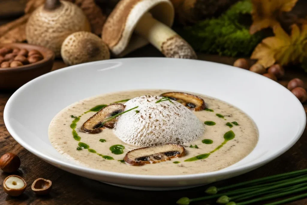 Macrolepiota Velouté with Hazelnut Foam and Chive Oil
