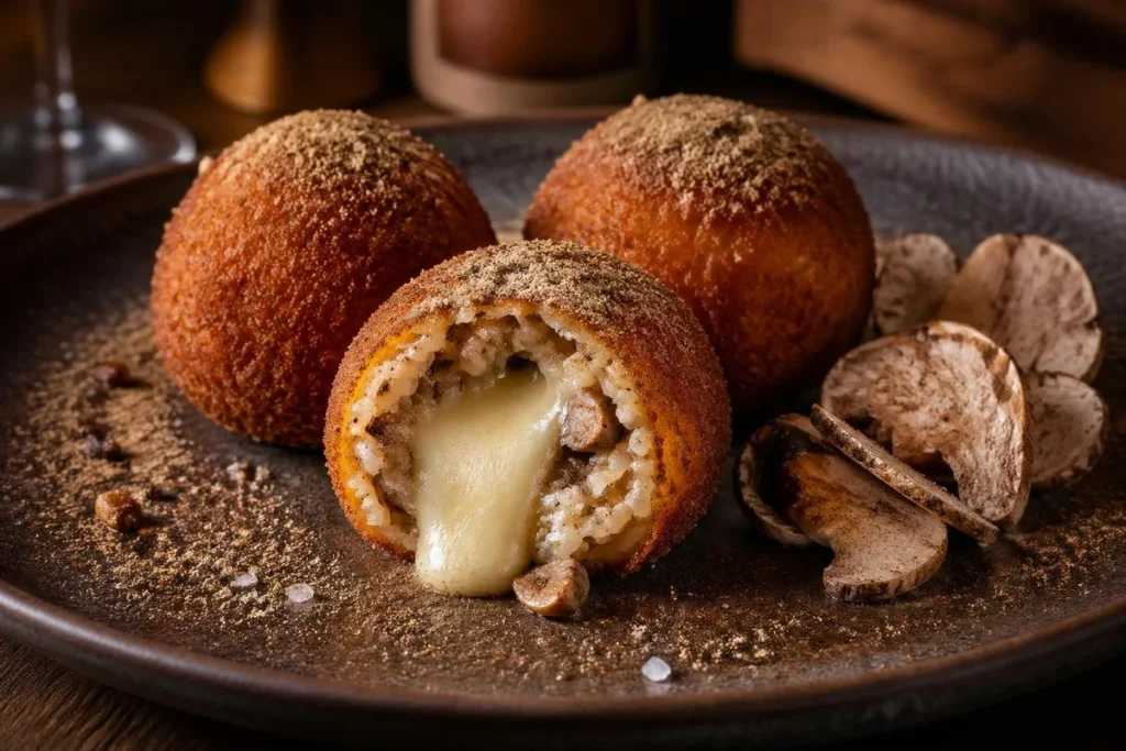 Macrolepiota and Taleggio Arancini with Porcini Dust
