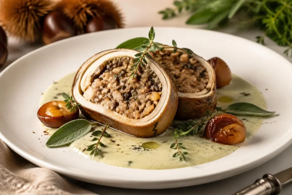 Macrolepiota procera "Ballotine" with Chestnut Stuffing and Sage Velouté