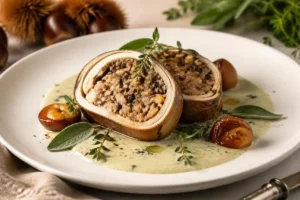 Macrolepiota procera "Ballotine" with Chestnut Stuffing and Sage Velouté