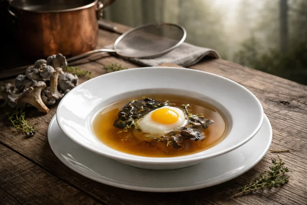 Monastic Gray Chanterelle Consomme with Poached Quail Egg