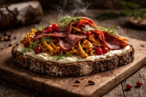 Nordic Yellow Foot Tartines with Smoked Venison Heart