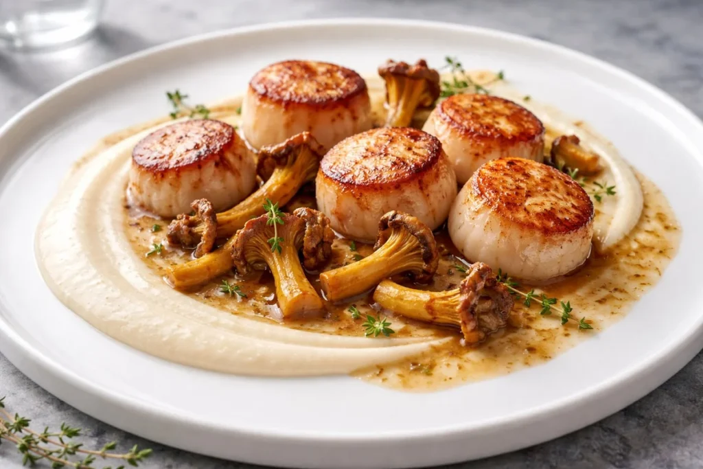 Pan-Seared Scallops with Yellow Foot and Cauliflower Silk