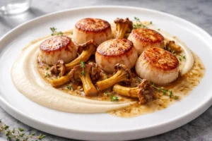 Pan-Seared Scallops with Yellow Foot and Cauliflower Silk