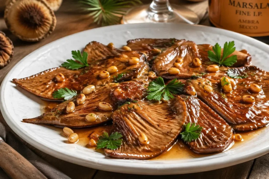 Parasol "Escalope" with Marsala Reduction and Toasted Pine Nuts