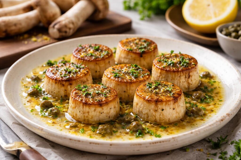 Parasol Mushroom Scallops in Lemon-Caper Butter