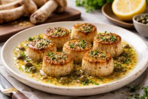 Parasol Mushroom Scallops in Lemon-Caper Butter