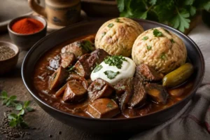 Parasol Pilzgulasch with Semmelknödel
