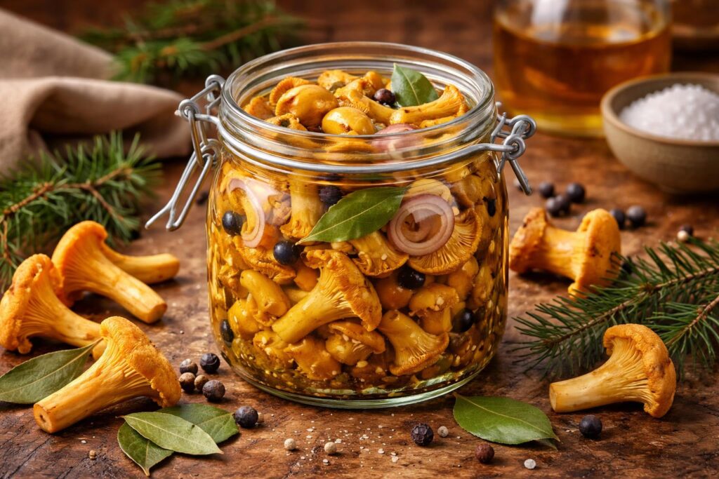 Pickled Chanterelles with Juniper and Bay