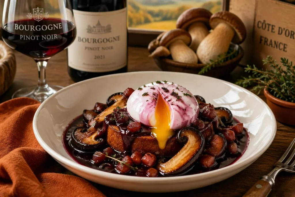 Poached Eggs en Meurette with Porcini and Lardons