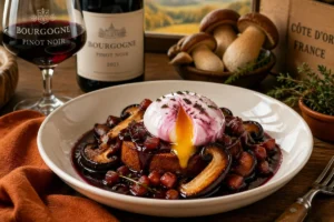 Poached Eggs en Meurette with Porcini and Lardons