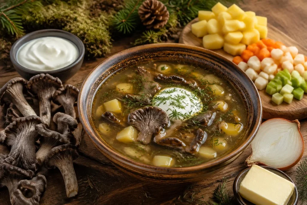 Polish Zupa Grzybowa with Grey Chanterelles and Sour Cream