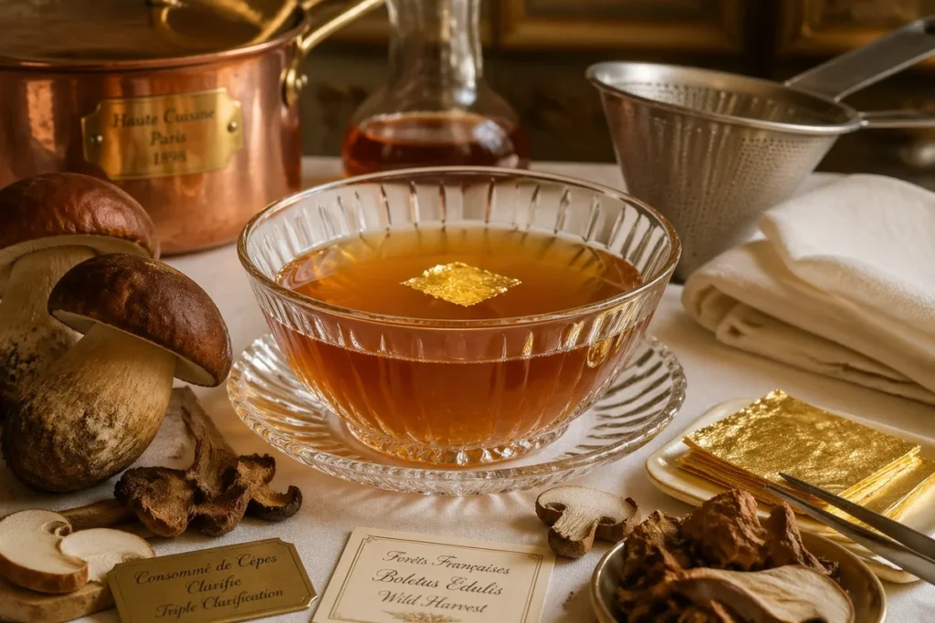 Porcini Infused Clarified Consomme with Gold Leaf