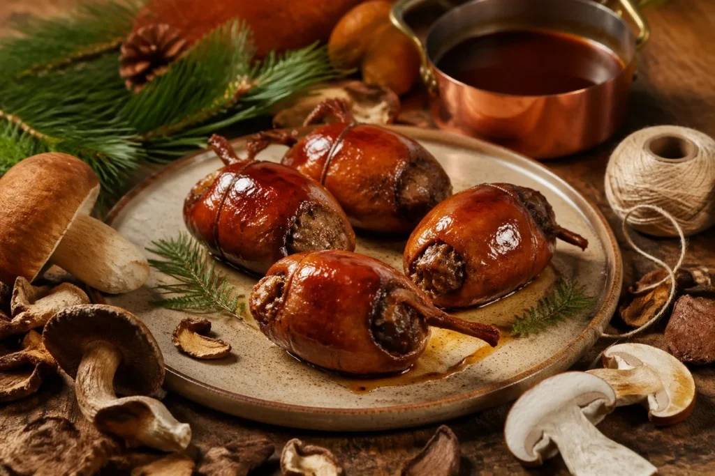 Porcini Stuffed Quail with Armagnac Glaze