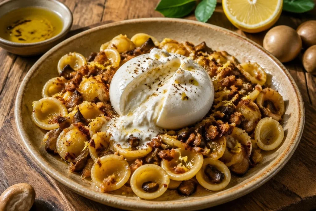 Puglian Orecchiette with Burrata and Fairy Ring Crumble