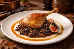 Pyrenean Duck Confit with Gray Chanterelle Ragout and Fig Gastrique