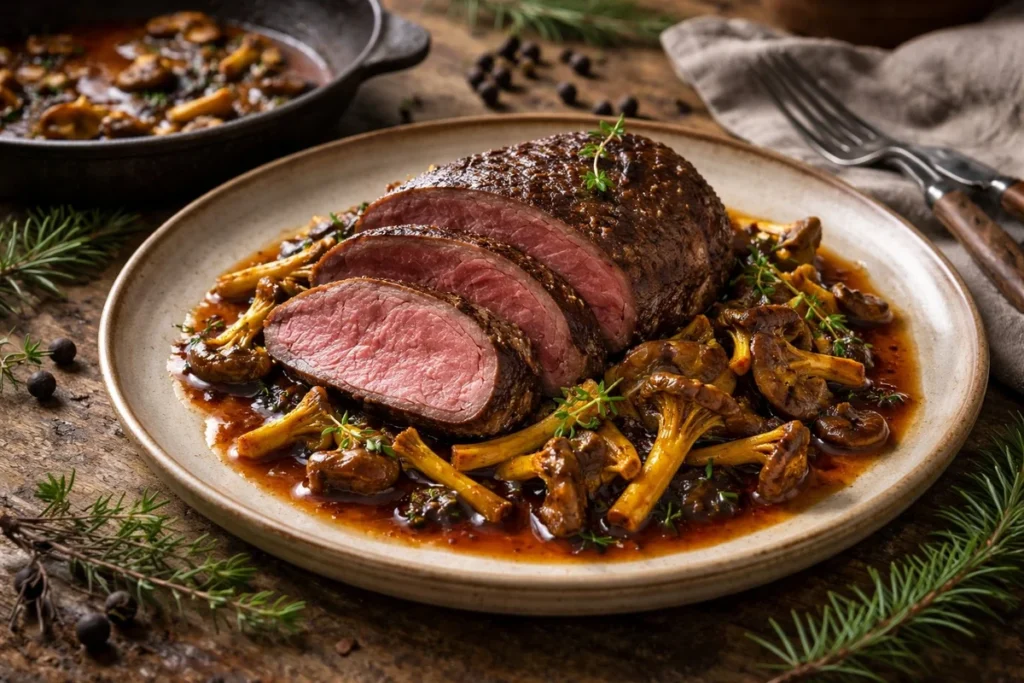 Roasted Venison Haunch with Yellow Foot and Juniper Jus