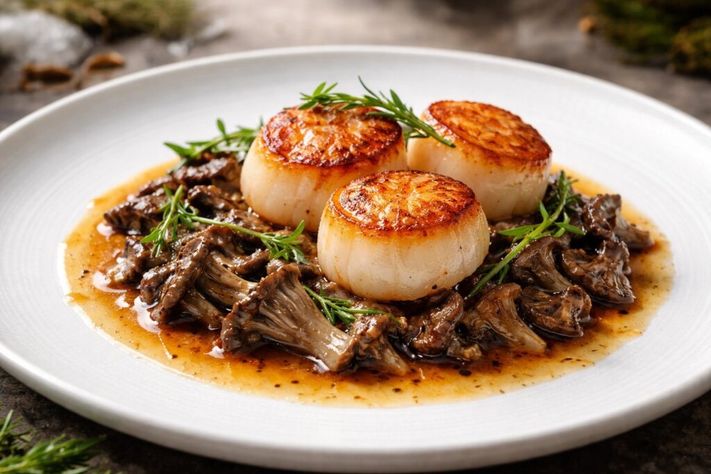 Scallops St Jacques with Gray Chanterelle Ragout