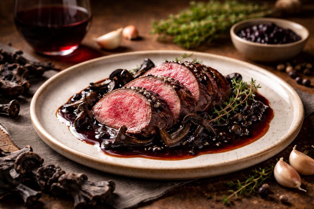 Slow-Roasted Venison with Trumpet Reduction
