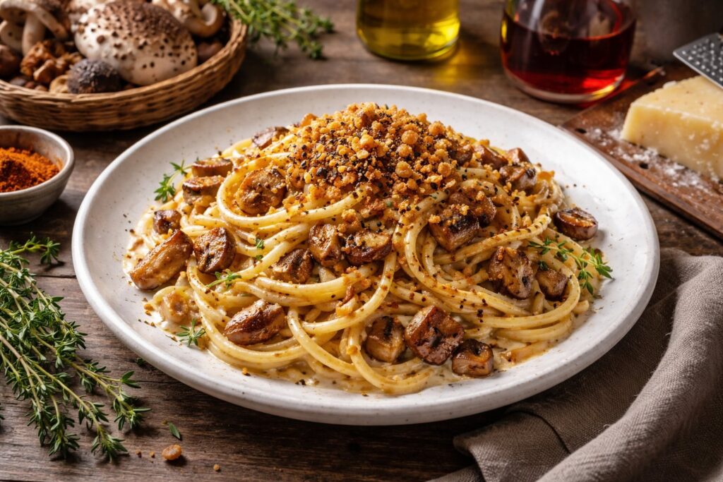 Smoky Parasol Carbonara with Toasted Breadcrumbs