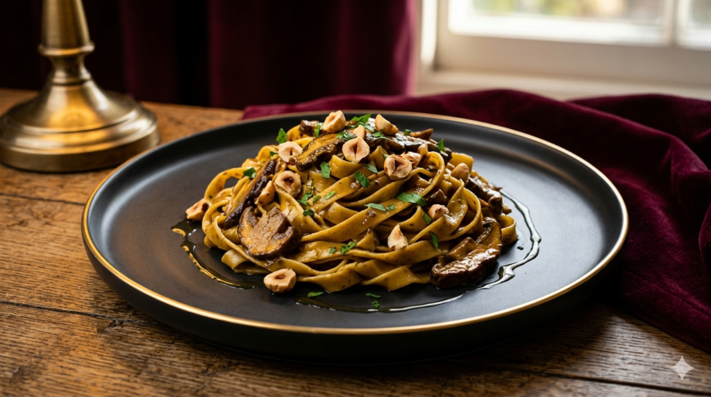 Discover the rich, earthy depth of Italian forest pasta. Experience our gourmet Tagliatelle with intense dried Parasol Mushrooms and toasted hazelnuts, inspired by the timeless elegance of Sophia Loren.