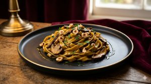 Discover the rich, earthy depth of Italian forest pasta. Experience our gourmet Tagliatelle with intense dried Parasol Mushrooms and toasted hazelnuts, inspired by the timeless elegance of Sophia Loren.