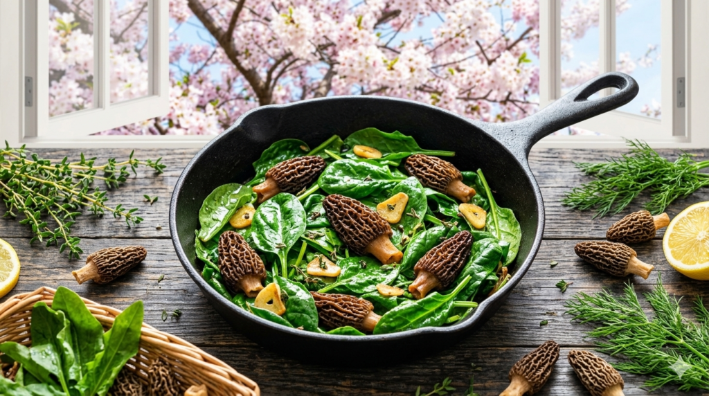 Spring Morel Sauté with Wild Greens: Spinach, Dock, or Nettle