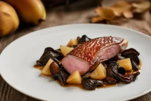 Squab with Black Trumpets & Pear Confit