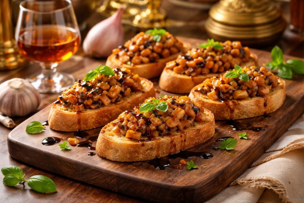 The Imperial Finale: Caesar's Mushroom Concassé Bruschettas with Balsamic Glaze